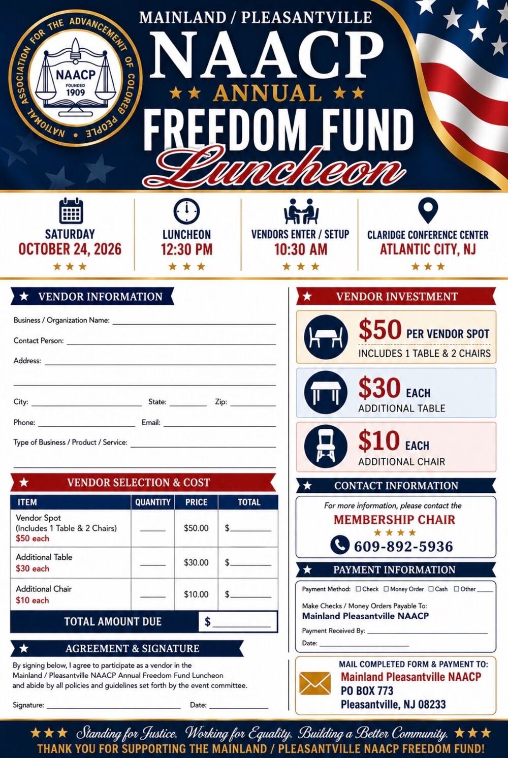 Annual Freedom Fund Luncheon vendor flyer showing the October 24, 2026 event details, vendor prices, contact phone number, and mailing address
