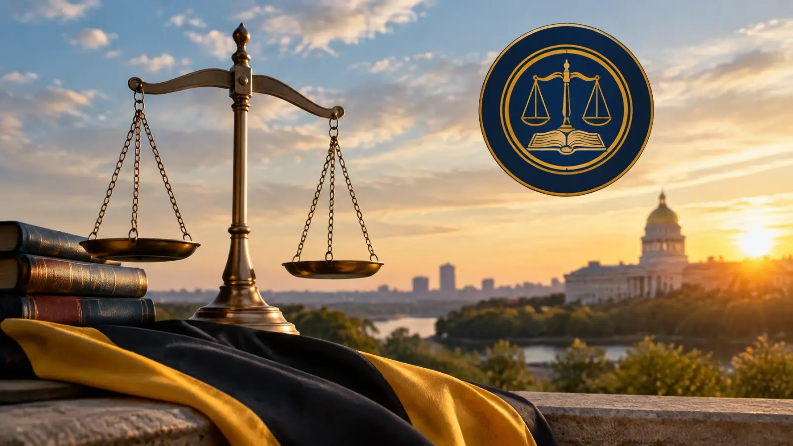 Scales of justice and a NAACP emblem above a city skyline at sunrise